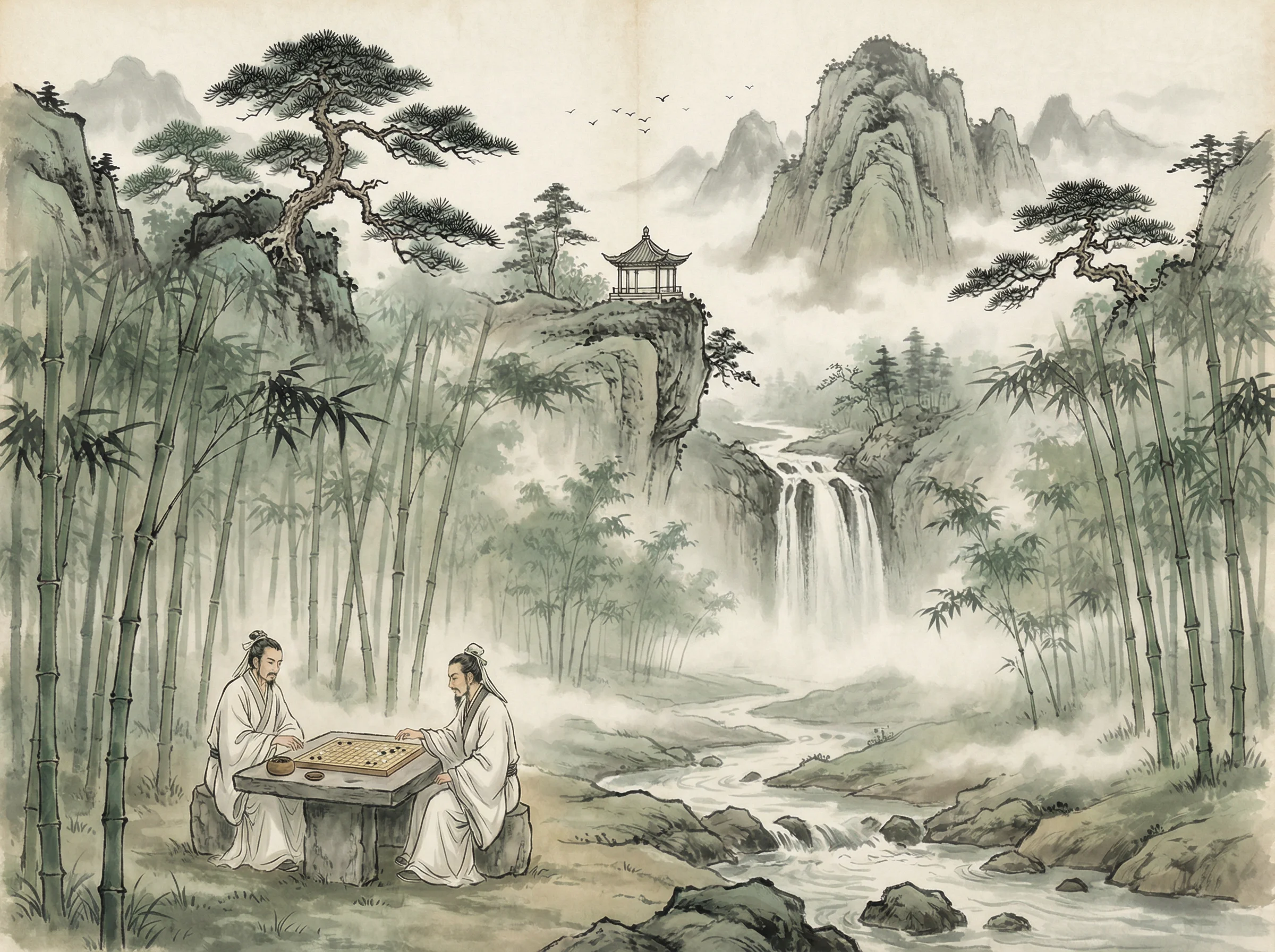 水墨山水画，松亭瀑布，开元棋牌 意境延伸